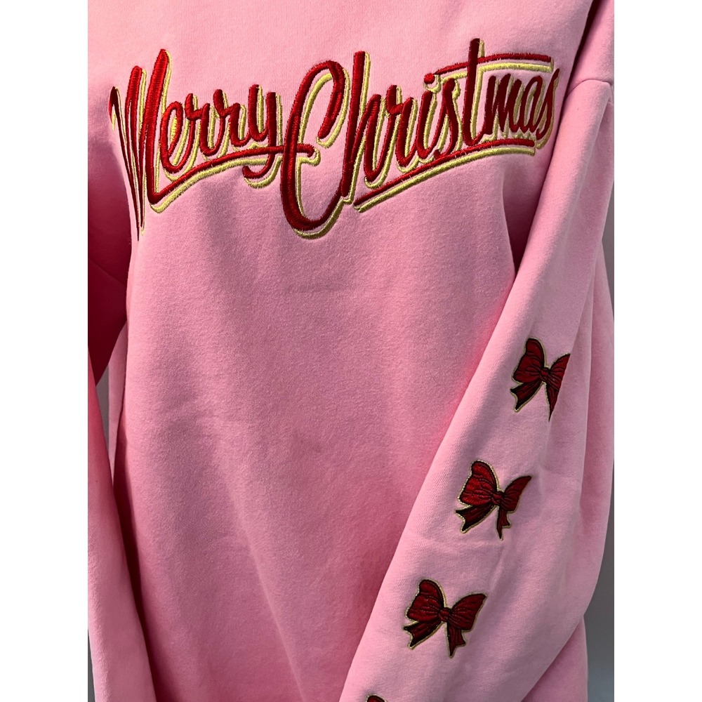 Simply Southern Merry Christmas Pink Sweatshirt XL Bow Sleeve Holiday Crewneck - Picture 2 of 7